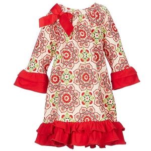 NWT Red Floral Medallion Print Ruffle Shift Girl's Christmas Holiday Dress